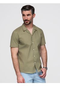 Ombre Clothing - Koszula męska z krótkim rękawem i kubańskim kołnierzem - khaki V4 - Rozmiar: L. Okazja: na co dzień. Kolor: brązowy. Materiał: tkanina, bawełna. Długość rękawa: krótki rękaw. Długość: krótkie. Wzór: jednolity, gładki. Sezon: lato. Styl: casual, klasyczny