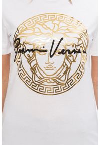 VERSACE Biały t-shirt damski ze złotą meduzą. Kolor: biały. Materiał: bawełna, prążkowany. Wzór: nadruk #2