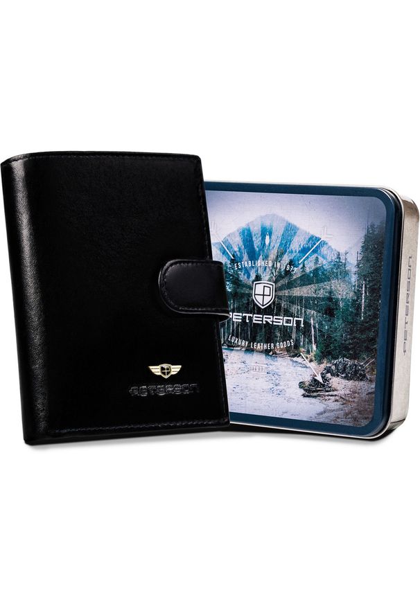 Duży portfel męski wykonany ze skóry naturalnej w czarnym kolorze, wyposażony w system RFID - Peterson. Kolor: czarny. Materiał: skóra