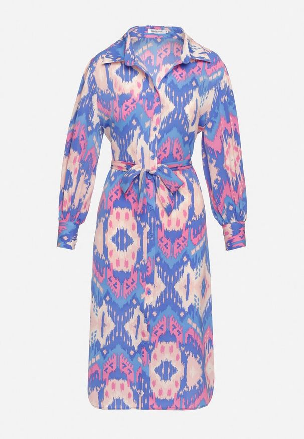 Born2be - Niebiesko-Różowa Koszulowa Sukienka Midi z Etno Wzorem i Wiązanym Paskiem Mithera. Kolor: niebieski. Typ sukienki: koszulowe. Styl: etno. Długość: midi