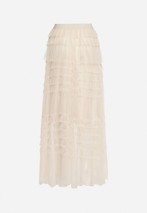 Born2be - Beżowa Bawełniana Spódnica Maxi z Siateczki Ozdobiona Falbankami Acael. Okazja: na spacer, na randkę. Kolor: beżowy. Materiał: bawełna. Wzór: aplikacja. Sezon: lato