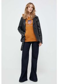 GANT - Gant bluza damska kolor brązowy z kapturem z aplikacją. Typ kołnierza: kaptur. Kolor: brązowy. Wzór: aplikacja #4