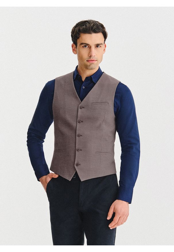 Pako Lorente - PAKO LORENTE – Brązowa kamizelka męska. Kolor: brązowy. Materiał: poliester, wiskoza, elastan. Wzór: melanż