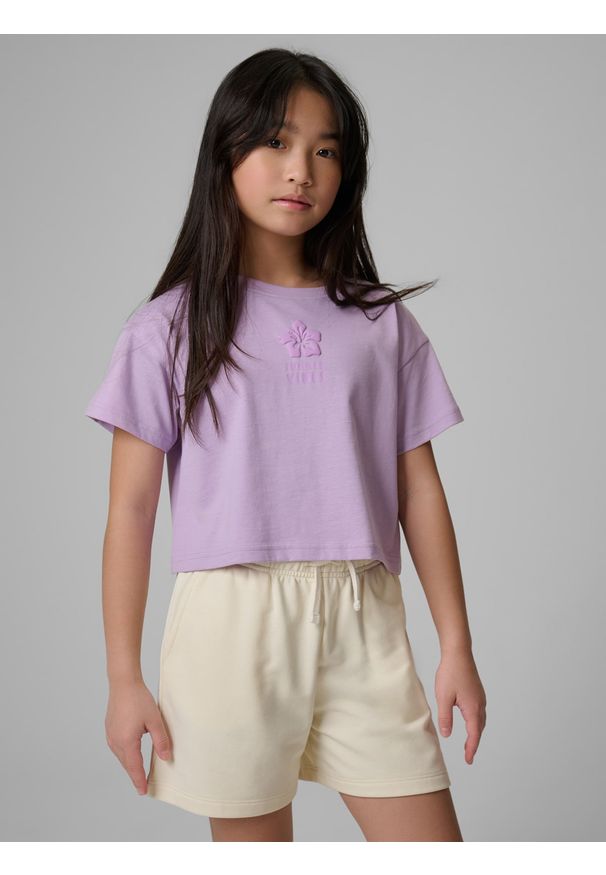 4f - 4F T-shirt regular z nadrukiem dziewczęcy - różowy 164 (13-14 lat). Okazja: na co dzień. Kolor: fioletowy. Materiał: dzianina, bawełna. Wzór: nadruk. Sezon: lato. Styl: casual