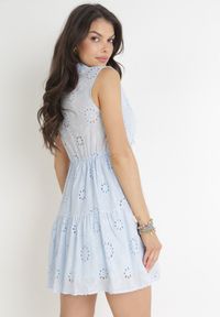 Born2be - Niebieska Sukienka z Gumką w Pasie z Haftowanej Tkaniny z Cekinami Atakoto. Okazja: na co dzień. Kolor: niebieski. Materiał: tkanina. Długość rękawa: bez rękawów. Wzór: haft. Typ sukienki: proste. Styl: casual. Długość: mini #5