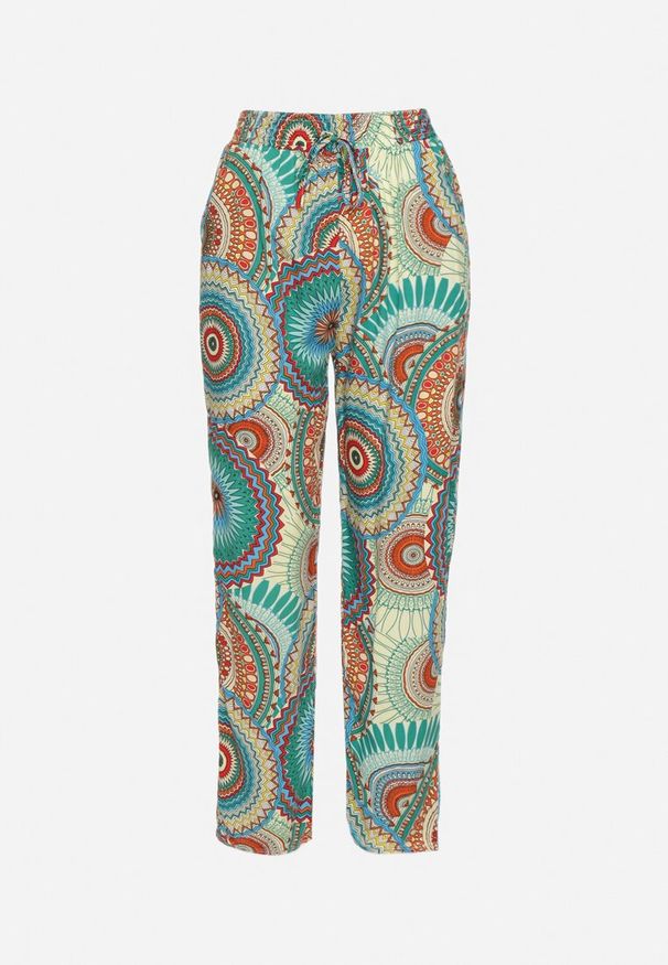 Born2be - Zielone Bawełniane Spodnie o Szerokim Kroju z Wysokim Stanem ze Wzorem Boho Zarrive. Okazja: na co dzień. Stan: podwyższony. Kolor: zielony. Materiał: bawełna. Styl: boho