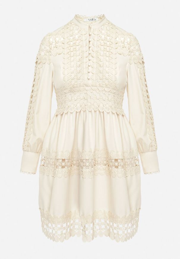 Born2be - Beżowa Sukienka z Koronką i Guzikami przy Dekolcie Thompson. Kolor: beżowy. Materiał: koronka. Wzór: koronka