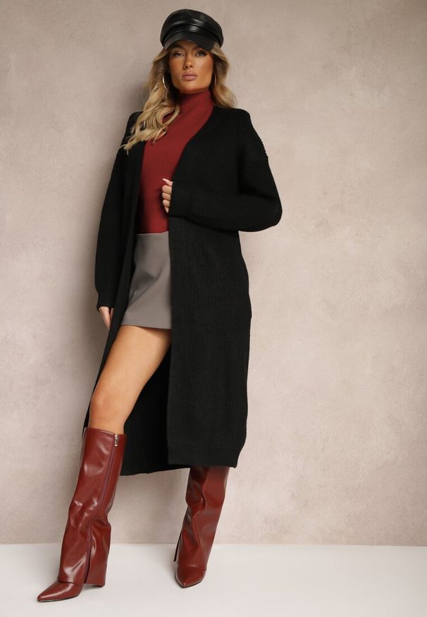 Renee - Czarny Nierozpinany Casualowy Kardigan o Długim Kroju Ozdobiony Ściągaczami Arfilia. Okazja: na co dzień. Kolor: czarny. Materiał: jeans. Długość: długie. Wzór: aplikacja. Styl: casual