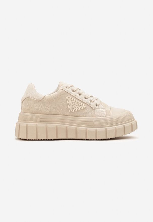 Renee - Beżowe Sneakersy Vices na Platformie z Ozdobą i Napisem Leawen. Okazja: na co dzień. Nosek buta: okrągły. Kolor: beżowy. Materiał: jeans. Wzór: napisy, aplikacja. Obcas: na platformie