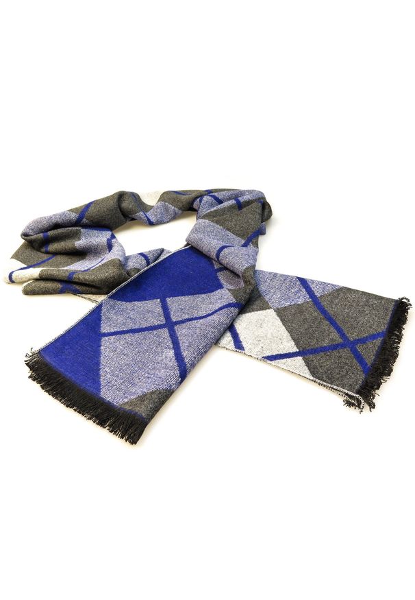Modini - Szaro-niebieski szalik męski w kratę R31. Kolor: szary, wielokolorowy, niebieski. Materiał: wiskoza
