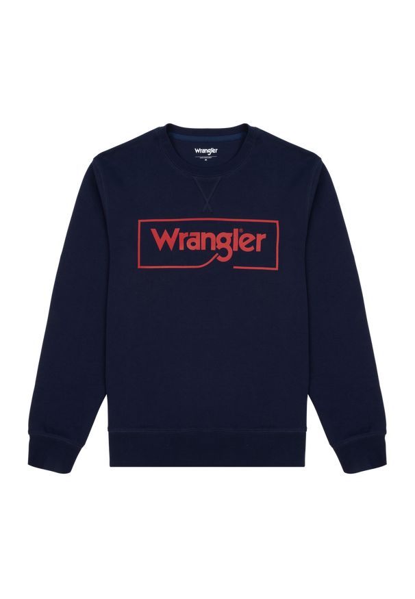 Wrangler - WRANGLER FRAME LOGO CREW MĘSKA BLUZA KLASYCZNA NADRUK NAVY W662HA114 112320240. Okazja: na co dzień. Materiał: bawełna, jeans. Długość rękawa: długi rękaw. Długość: długie. Wzór: nadruk. Styl: klasyczny, casual