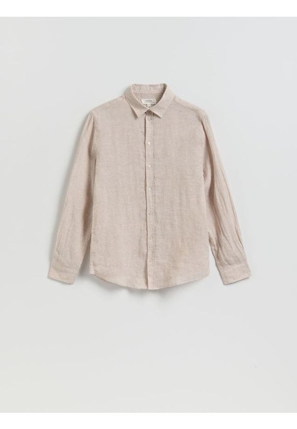 Reserved - Lniana koszula slim fit - beżowy. Kolor: beżowy. Materiał: len