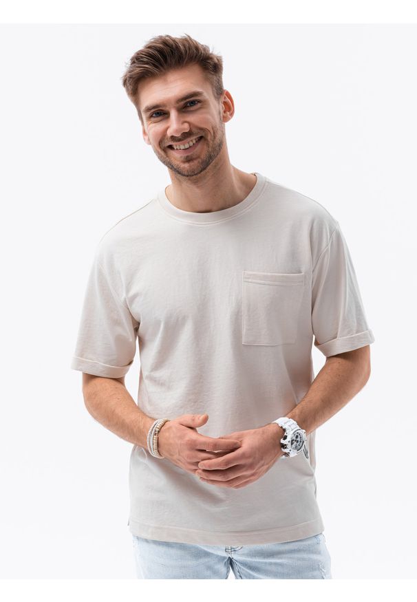 Ombre Clothing - T-shirt męski z nadrukiem S1371 - ecru - XXL. Materiał: bawełna, dzianina, poliester. Wzór: nadruk