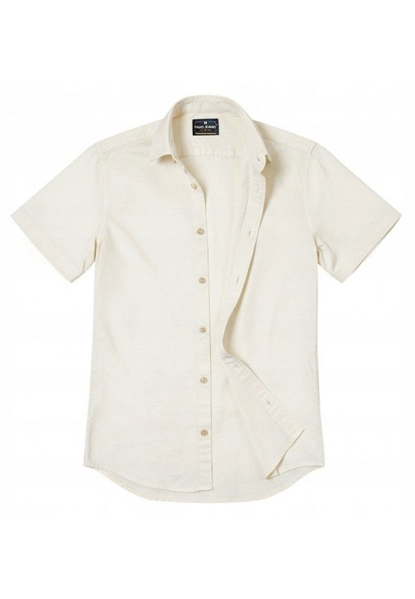 Lniano-Bawełniana Koszula Męska - Pako Jeans - Kolor Kości Słoniowej. Okazja: na co dzień. Typ kołnierza: button down. Kolor: wielokolorowy, brązowy, beżowy. Materiał: len, bawełna. Styl: casual
