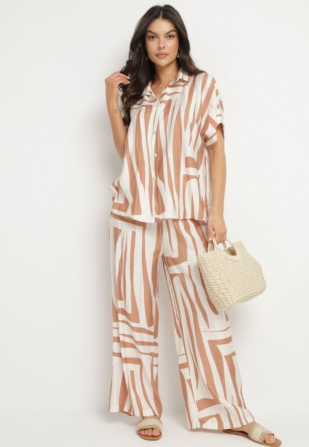 Born2be - Beżowy Komplet Oversize z Lnem Koszula z Krótkim Rękawem i Szerokie Spodnie Mirolena. Kolor: beżowy. Materiał: len