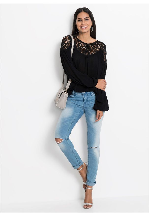 bonprix - Tunika z lejącej wiskozy. Kolor: czarny. Materiał: wiskoza, koronka. Wzór: koronka
