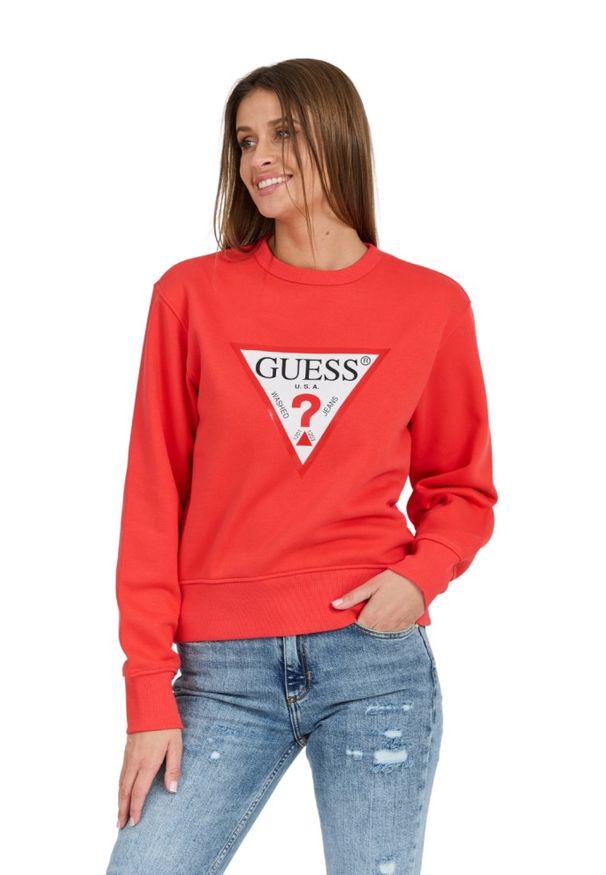 Guess - GUESS Czerwona damska bluza z dużym logo Original Fleece. Okazja: na co dzień. Typ kołnierza: bez kaptura. Kolor: czerwony. Materiał: poliester, materiał, bawełna. Styl: casual