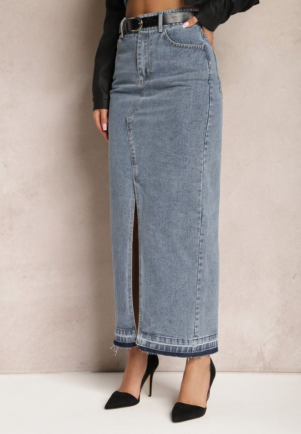 Renee - Granatowa Ołówkowa Spódnica Jeansowa z Ozdobnym Rozcięciem Lefrana. Kolor: niebieski. Materiał: jeans. Styl: elegancki