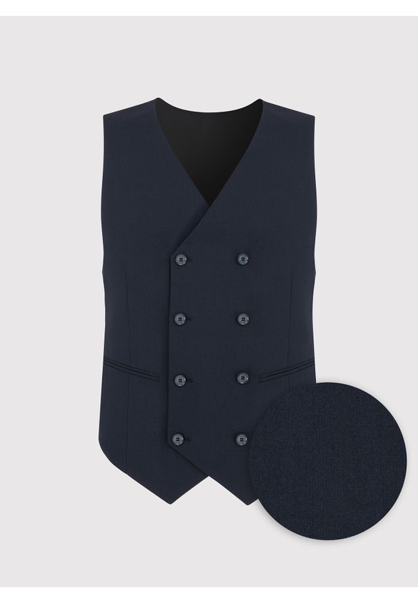 Pako Lorente - PAKO LORENTE – Granatowa dwurzędowa kamizelka męska. Okazja: na studniówkę. Kolor: niebieski, czarny. Materiał: wiskoza, elastan, poliester. Styl: młodzieżowy, elegancki