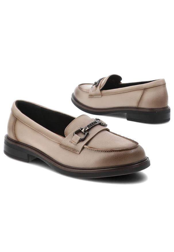 Mokasyny damskie Vinceza, skóra naturalna wsuwany fason klasyczne loafersy ozdobny detal metalowy niski stabilny obcas solidna podeszwa, beżowa, 3998. Okazja: do pracy, na co dzień, na spotkanie biznesowe. Kolor: beżowy. Materiał: skóra. Obcas: na obcasie. Styl: klasyczny. Wysokość obcasa: średni