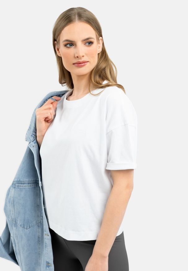 Volcano - Gładki t-shirt, Comfort Fit, T-RODOS. Kolor: biały. Materiał: materiał, bawełna, skóra. Długość rękawa: krótki rękaw. Długość: krótkie. Wzór: gładki