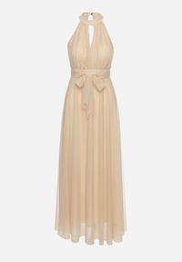 Born2be - Beżowa Wieczorowa Sukienka ze Stójką Wiązana w Talii Ozdobiona Siateczką Nestasoni. Okazja: na imprezę. Typ kołnierza: kołnierzyk stójkowy. Kolor: beżowy. Materiał: satyna. Długość rękawa: bez rękawów. Wzór: aplikacja. Styl: wizytowy #5