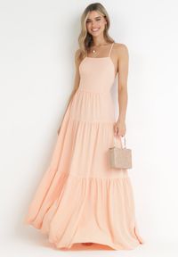 Born2be - Pomarańczowa Maxi Sukienka na Cienkich Ramiączkach z Wiązaniem na Tyle Ozdobiona Falbankami Beatrics. Typ kołnierza: kołnierz z falbankami. Kolor: pomarańczowy. Długość rękawa: na ramiączkach. Wzór: aplikacja. Długość: maxi #1