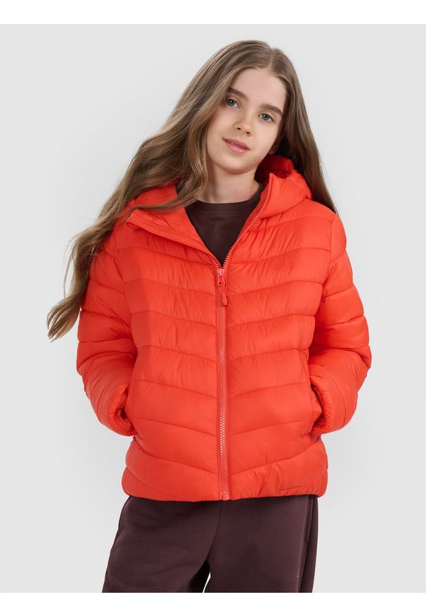4f - 4F Kurtka puchowa z wypełnieniem syntetycznym chłopięca - czerwona 152 (11-12 lat). Okazja: na co dzień. Typ kołnierza: kaptur. Kolor: czerwony. Materiał: puch, syntetyk. Sezon: lato. Styl: casual, klasyczny, sportowy