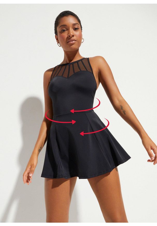 bonprix - Sukienka kąpielowa z przezroczystą siateczką, o średnim stopniu modelowania. Kolor: czarny. Materiał: poliamid