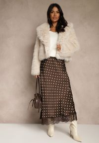 Renee - Brązowa Spódnica z Wiskozy High Waist Ozdobiona Kropkami i Koronką Monivia. Stan: podwyższony. Kolor: brązowy. Materiał: wiskoza, koronka. Wzór: aplikacja, kropki, koronka #1