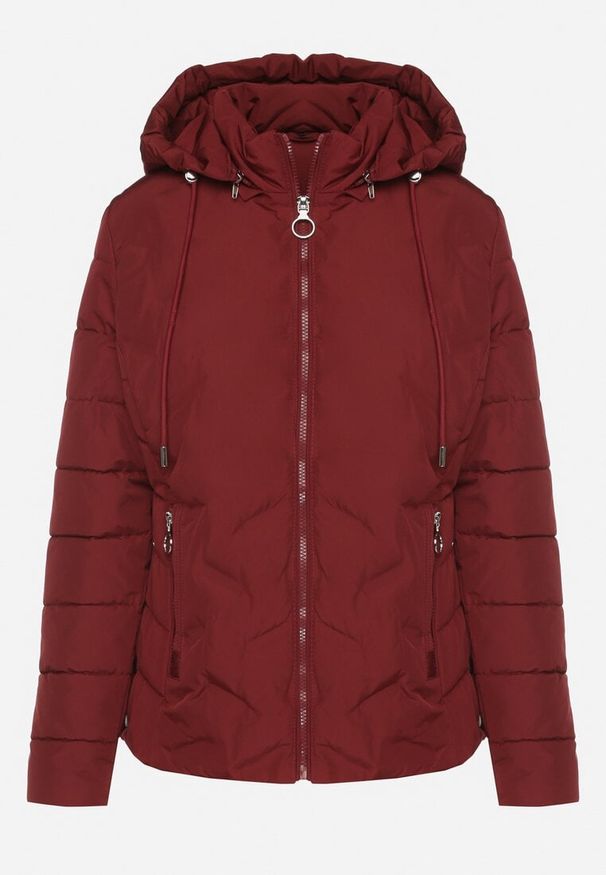 Born2be - Bordowa Przejściowa Kurtka z Pikowanymi Przeszyciami i Odpinanym Kapturem Olunea. Okazja: na co dzień, na spacer. Kolor: czerwony. Materiał: jeans, poliester. Styl: casual, elegancki