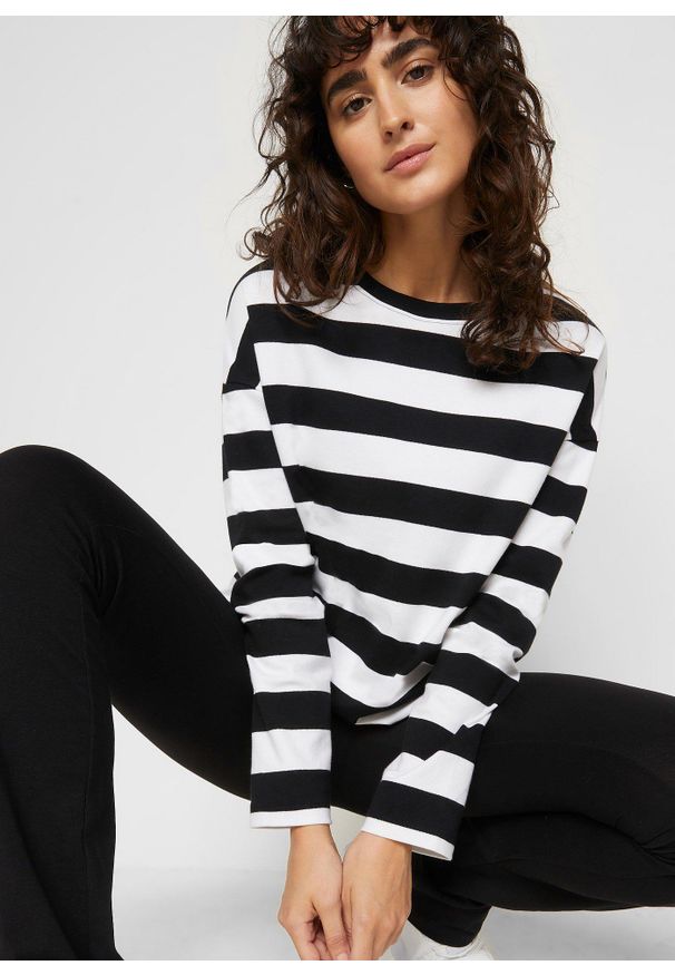 bonprix - Bluzka z długim rękawem, z czystej bawełny interlock. Kolor: czarny. Materiał: bawełna. Długość rękawa: długi rękaw. Długość: długie. Wzór: paski