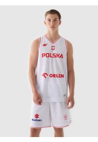 4f - 4F Koszulka reprezentacyjna męska 4F x PZKOSZ 2024 - biała 3XL. Typ kołnierza: dekolt w serek. Kolor: wielokolorowy. Materiał: dzianina, włókno, materiał, syntetyk. Długość rękawa: na ramiączkach. Wzór: gładki, nadruk, ze splotem. Sport: koszykówka, fitness