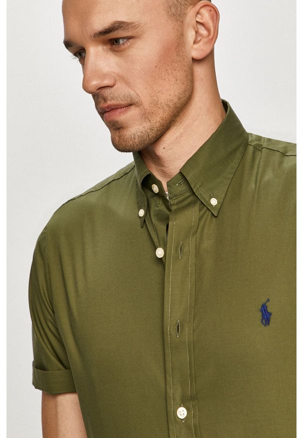 Polo Ralph Lauren - Koszula bawełniana. Okazja: na co dzień. Typ kołnierza: polo. Kolor: zielony. Materiał: bawełna. Długość rękawa: krótki rękaw. Długość: krótkie. Styl: casual