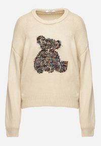 Born2be - Beżowy Sweter z Wiskozy Ozdobiony Misiem i Cekinami Lilimi. Okazja: na co dzień. Kolor: beżowy. Materiał: wiskoza. Długość rękawa: długi rękaw. Długość: długie. Wzór: aplikacja. Styl: klasyczny, elegancki, casual
