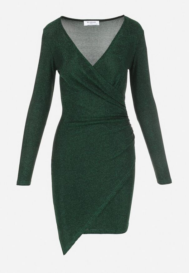 Born2be - Zielona Sukienka Kopertowa z Metaliczną Nitką i Marszczeniem Beya. Okazja: na co dzień. Typ kołnierza: dekolt w kształcie V. Kolor: zielony. Długość rękawa: długi rękaw. Sezon: jesień. Typ sukienki: kopertowe. Styl: casual, klasyczny
