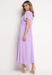 Born2be - Fioletowa Sukienka z Krótkim Rękawem i Gumką w Pasie Oilleria. Kolor: fioletowy. Długość rękawa: krótki rękaw