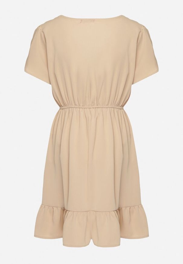 Born2be - Beżowa Rozkloszowana Sukienka z Gumką w Talii i Falbanką Welimia. Kolor: beżowy