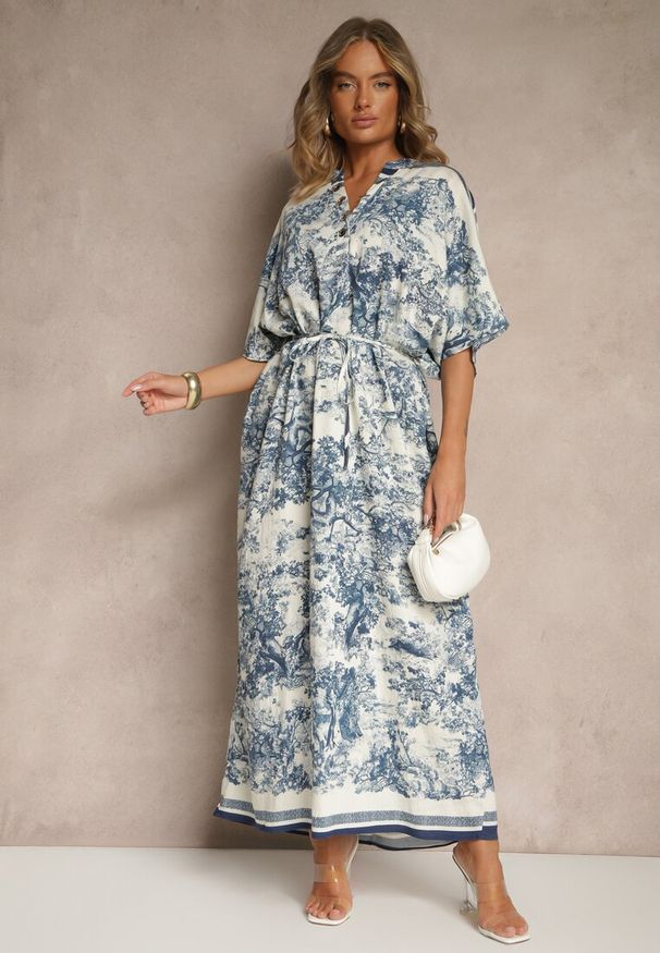 Renee - Niebieska Sukienka Oversize z Wiskozą i Abstrakcyjnym Motywem Lunisana. Okazja: na co dzień. Kolor: niebieski. Materiał: wiskoza. Typ sukienki: oversize. Styl: elegancki, casual
