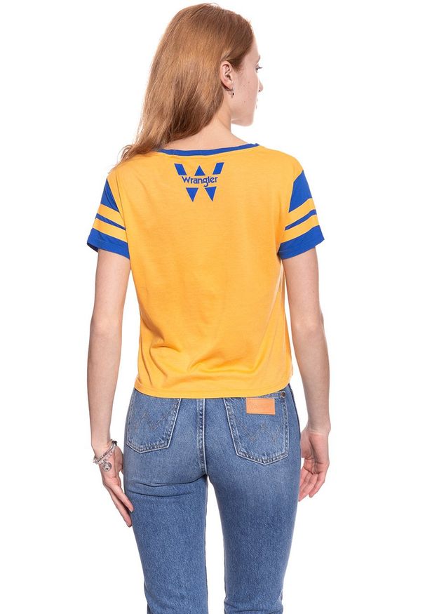 Wrangler - WRANGLER T SHIRT DAMSKI B&Y W CROP TEE AMBER YELLOW W721CF7UY 112130924. Wzór: nadruk