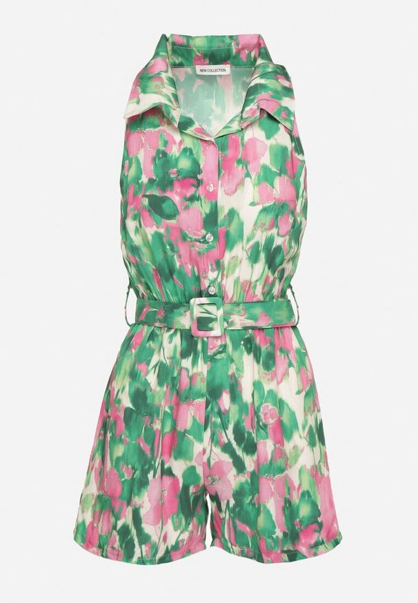 Born2be - Ciemnozielony Wiskozowy Kombinezon o Koszulowym Kroju Bez Rękawów z Paskiem Tolivia. Okazja: na co dzień. Kolor: zielony. Materiał: wiskoza. Długość rękawa: bez rękawów. Długość: krótkie. Styl: casual, elegancki