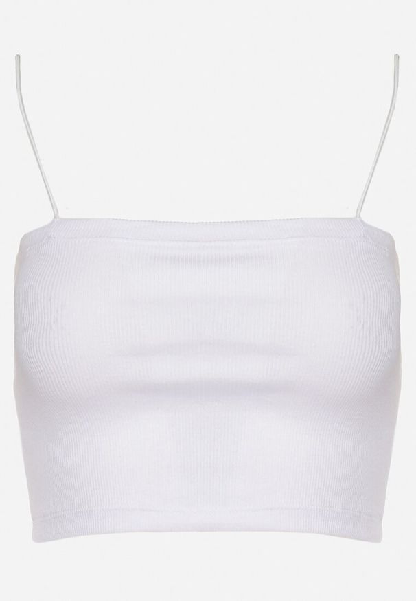 Born2be - Biały Bawełniany Top na Ramiączkach z Prążkowanej Tkaniny Lunareia. Okazja: na co dzień. Typ kołnierza: dekolt kwadratowy. Kolor: biały. Materiał: tkanina, bawełna, prążkowany. Długość rękawa: na ramiączkach. Wzór: prążki. Styl: casual, klasyczny