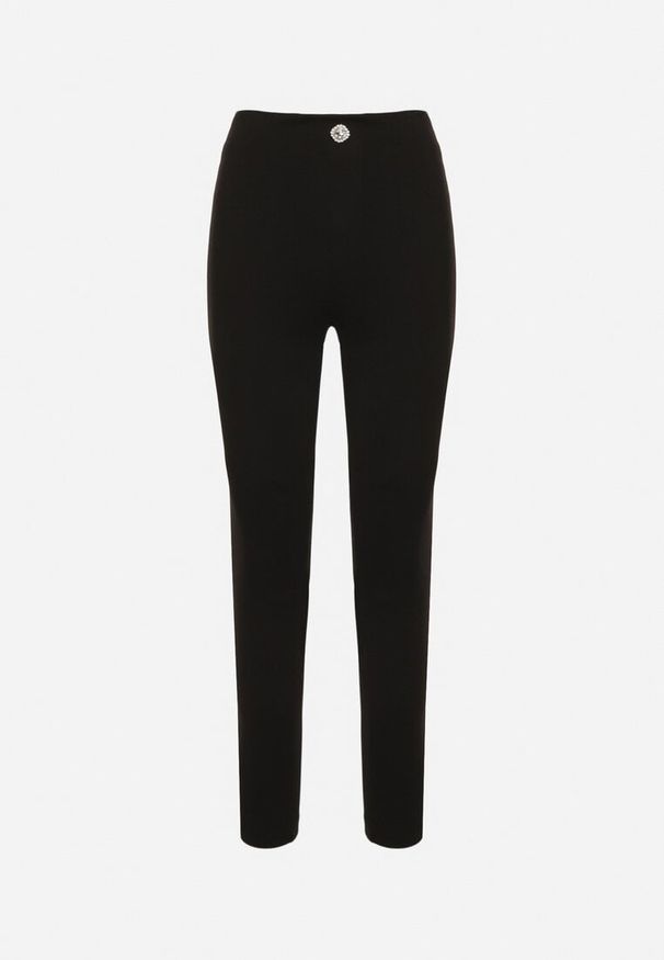 Born2be - Czarne Legginsy z Wiskozą z Wysokim Stanem Zdobione Guzikiem z Cyrkoniami Nalette. Okazja: na co dzień. Stan: podwyższony. Kolor: czarny. Materiał: wiskoza. Wzór: aplikacja. Styl: elegancki, casual