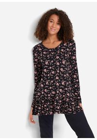 bonprix - Długa tunika shirtowa z mieszanki wiskozy. Kolor: czarny. Materiał: wiskoza. Długość rękawa: długi rękaw. Długość: długie. Wzór: nadruk #1