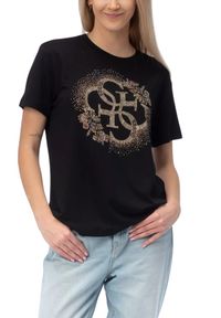 Guess - GUESS Czarny damski t-shirt na krótki rękaw z cyrkoniami Corinne, Rozmiar S. Okazja: na co dzień. Kolor: czarny. Długość rękawa: krótki rękaw. Długość: krótkie. Styl: elegancki, casual #3
