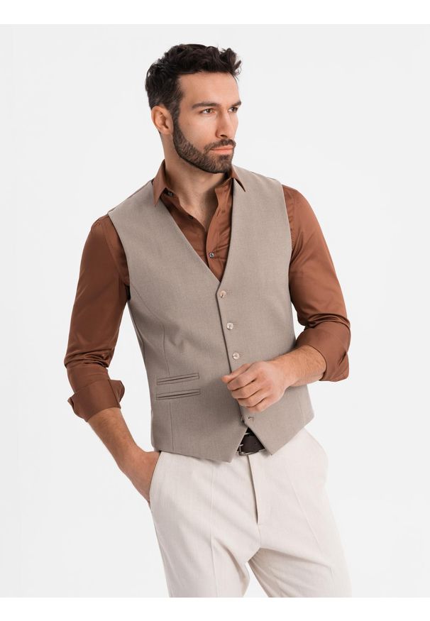 Ombre Clothing - Kamizelka męska garniturowa z klasycznym detalem i podszewką – beżowa V1 - Rozmiar: XXL. Kolor: beżowy. Materiał: wiskoza, poliester, materiał. Styl: klasyczny