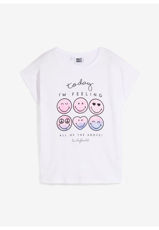 bonprix - T-shirt z buźką z czystej bawełny. Kolor: biały. Materiał: bawełna. Wzór: nadruk