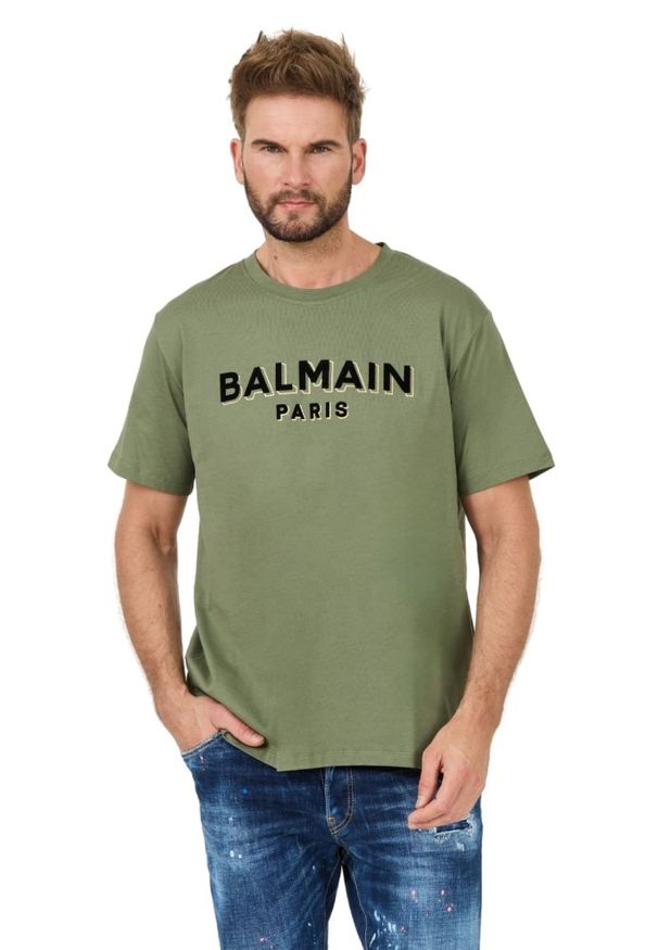 Balmain - BALMAIN Zielony męski t-shirt Flock&foil T-shirt Bulky Fit, Rozmiar M. Kolor: zielony