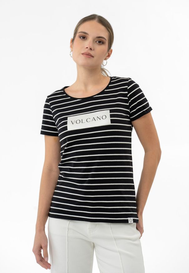 Volcano - T-shirt w paski T-VIV. Kolor: czarny. Materiał: bawełna, skóra, materiał. Długość rękawa: krótki rękaw. Długość: krótkie. Wzór: paski. Styl: klasyczny