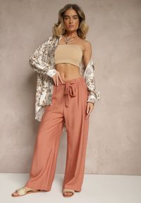 Renee - Pomarańczowe Spodnie z Wiskozy o Szerokim Kroju z Kokardą Ellioria. Okazja: na co dzień, na spacer. Kolor: pomarańczowy. Materiał: wiskoza. Styl: casual, elegancki